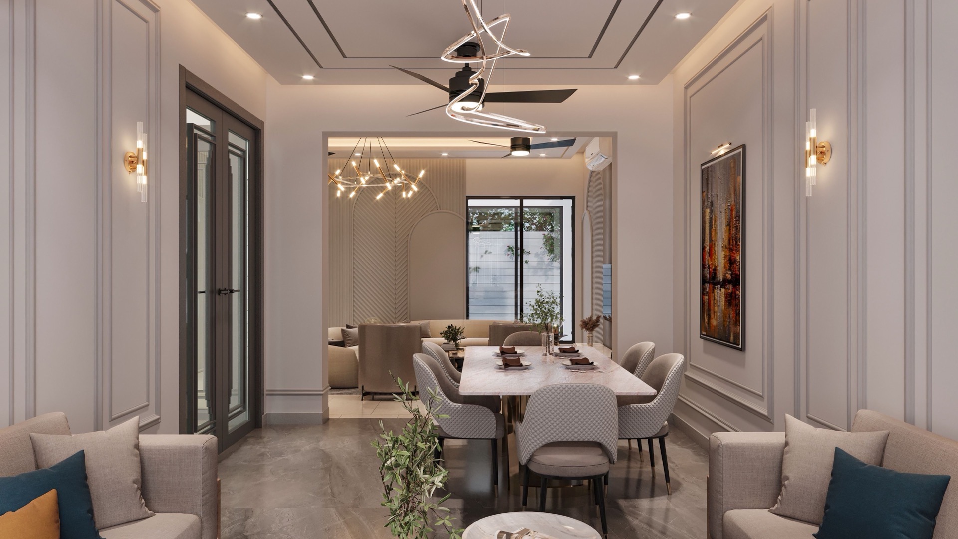 Comedor amplio con mesa larga, lámpara escultórica y salón al fondo.