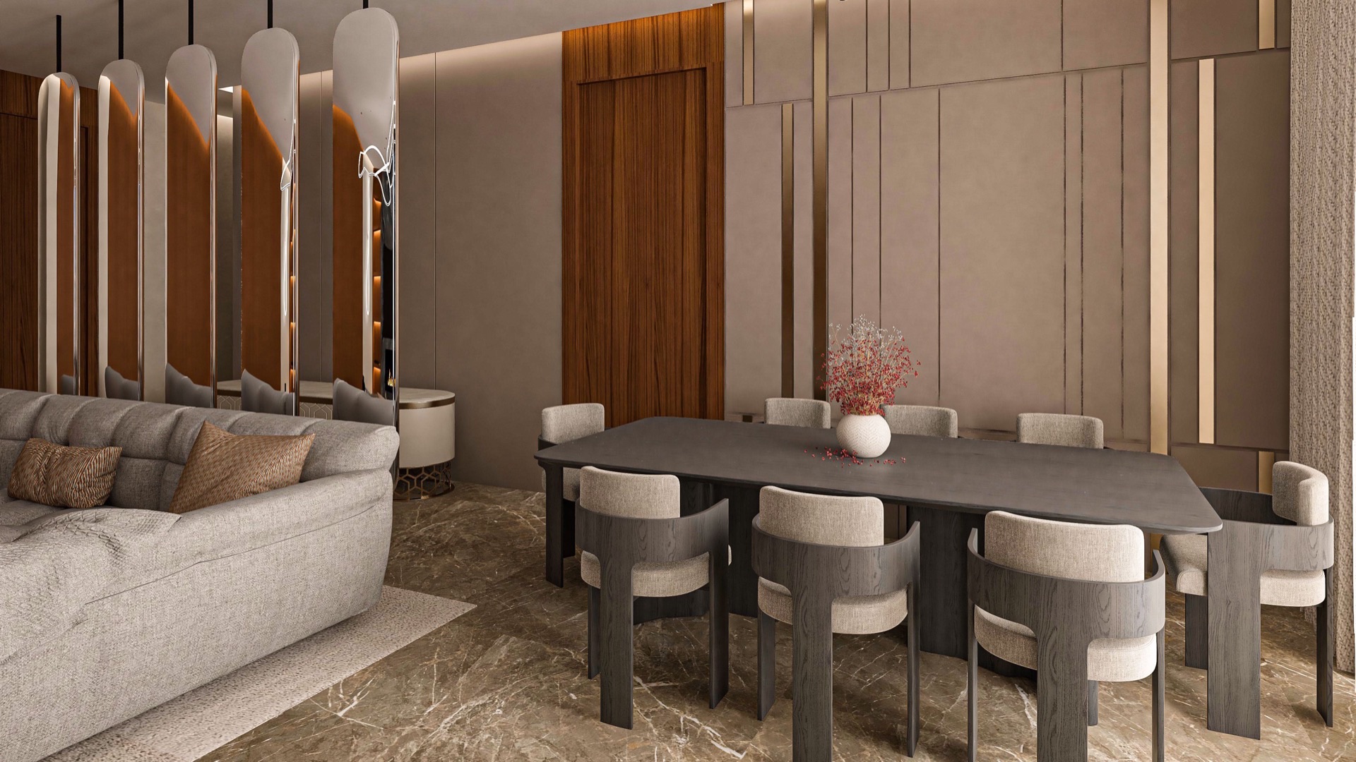 Comedor de un interior contemporáneo: mesa larga oscura, sillas tapizadas en beige y suelo de mármol.